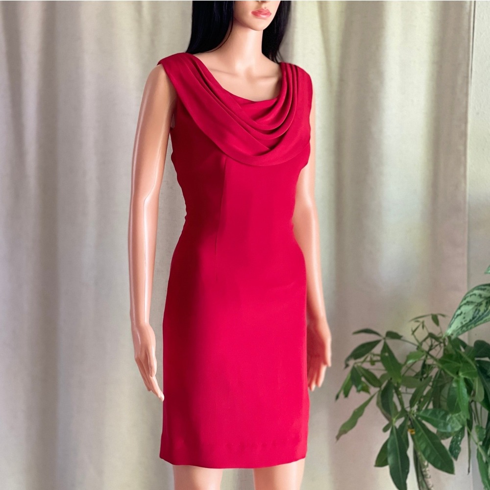 Vtg 90s Red 100% Silk Cowl Neck Sheath Dress Sleeveless Old‎ Money Minimalist 4